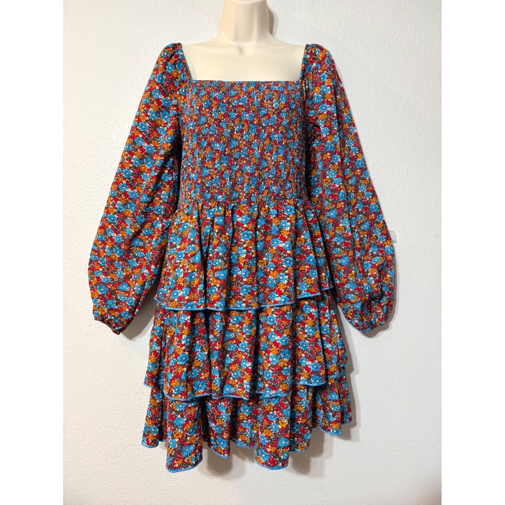 BTFBM Floral Smocked Tiered Ruffle Mini Dress Floral Cottage Long Sleeve Size M